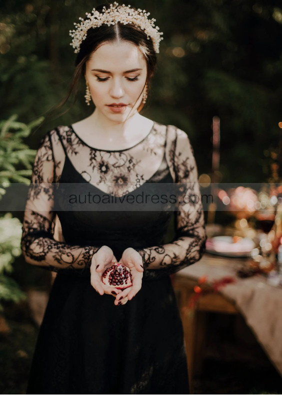 Long Sleeves Black Lace Wedding Dress Photoshoot Dress